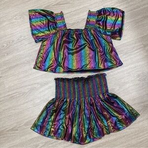 NWOT Queen Of Sparkles  Metallic tie dye rainbow tank Swing Short Set M